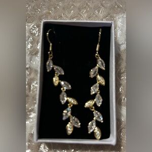 Gold Leaf Drop Earrings with Clear Crystal Accents